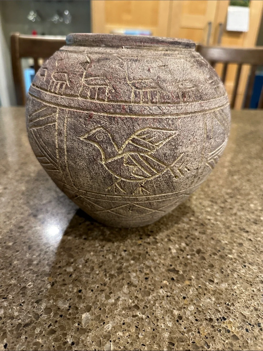Handcrafted Carved Bird Terracotta Vase - Brown